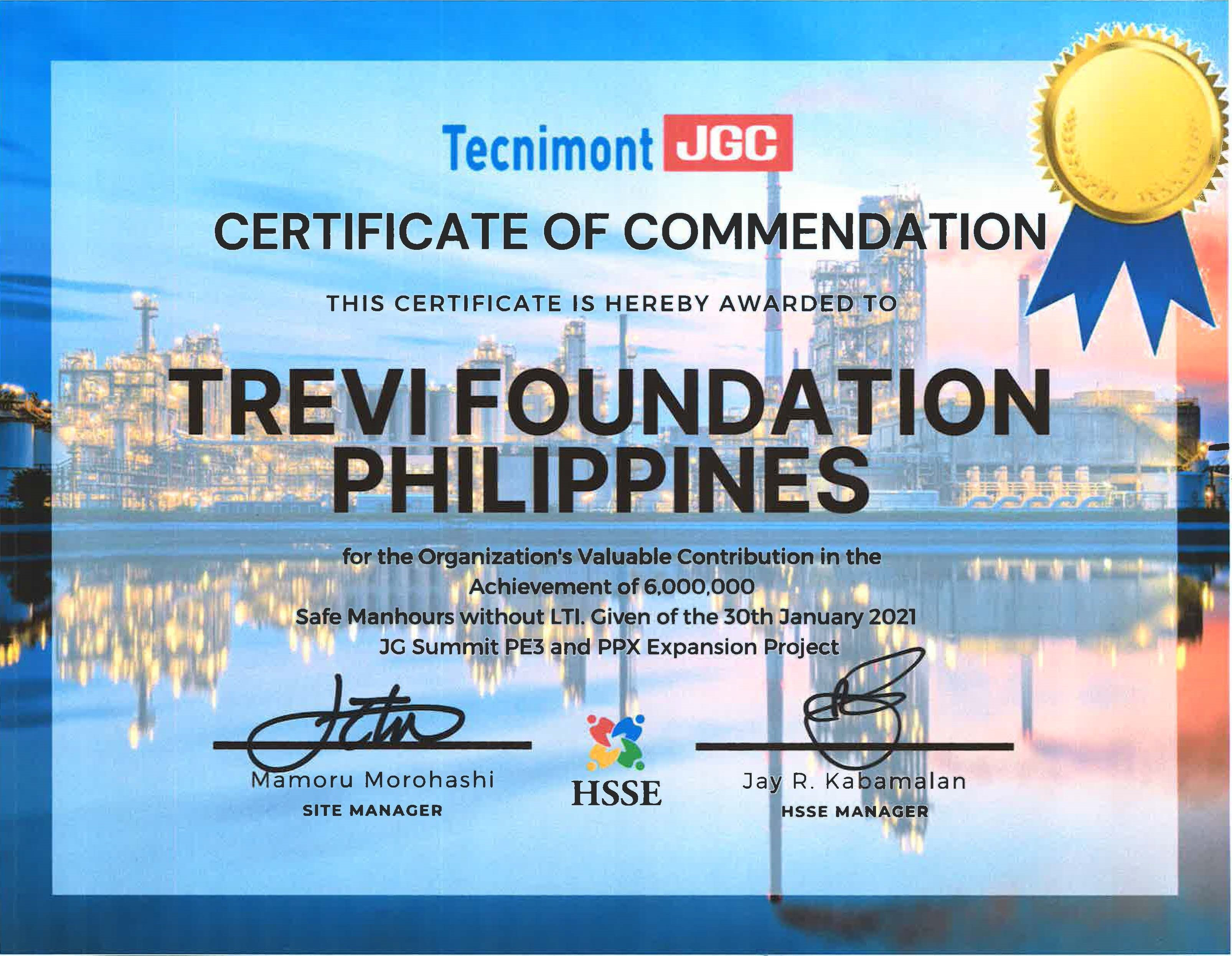 Safety Award for Trevi Foundation Philippines | Trevi Spa 1